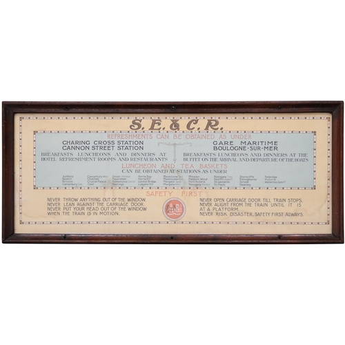 323 - An SE&CR carriage print listing refreshment rooms and availability of luncheon and tea baskets, a de... 