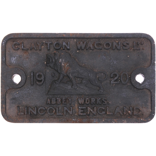 336 - A wagonplate, CLAYTON WAGONS LTD, ABBEY WORKS, LINCOLN, ENGLAND, 1920, with lion motif. Cast iron, 1... 