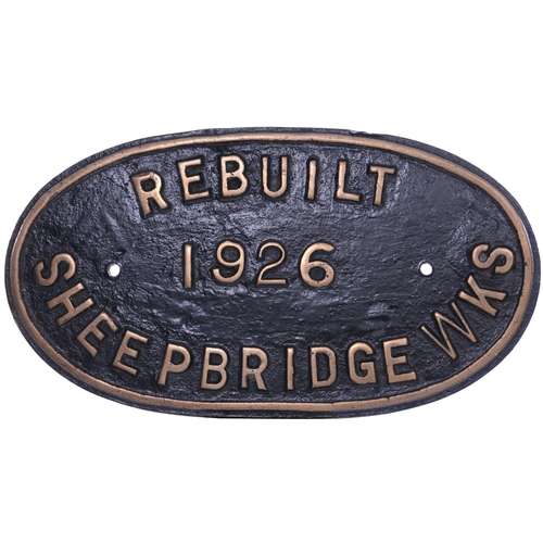 346 - A worksplate, REBUILT 1926 SHEEPBRIDGE WKS. From Yorkshire Engine Co 1300 of 1915. Cast brass, 12