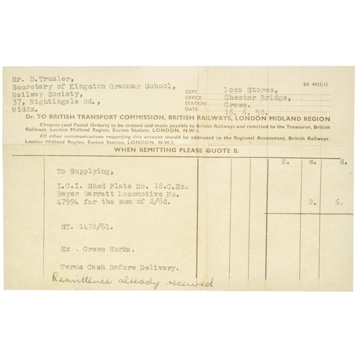 349 - A shedplate 18C Hasland (1948-September 1963), accompanied by BR paperwork confirming that this plat... 