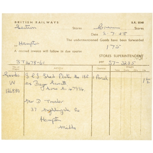 349 - A shedplate 18C Hasland (1948-September 1963), accompanied by BR paperwork confirming that this plat... 