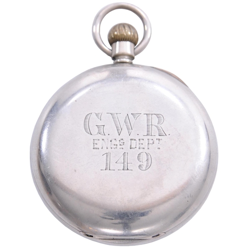 357 - A GWR Engineering Department pre-grouping pocket watch, the back of the case clearly engraved GWR EN... 