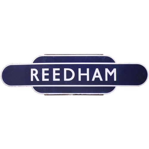 366 - A BR(E) totem sign, REEDHAM, (h/f), from the Norwich to Yarmouth/Lowestoft route. Edge chips restore... 