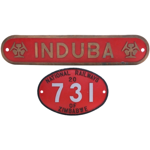 372 - A locomotive nameplate, INDUBA, and cabside numberplate, NATIONAL RAILWAYS OF ZIMBABWE 20, 731, from... 