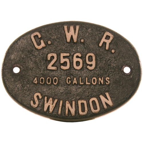 376 - A tenderplate, G.W.R. 2569, 4000 GALLONS SWINDON, from a Standard Collett tender, part of Swindon Lo... 