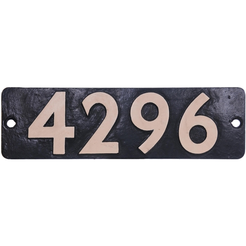 403 - A smokebox numberplate, 4296, from a GWR 4200 Class 2-8-0T built at Swindon in August 1922. It spent... 