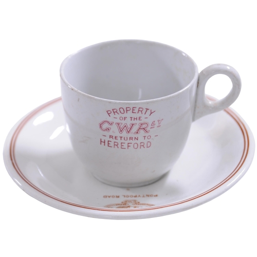 416 - A selection of unusual GWR china, (a) teacup, PROPERTY OF THE GWR, RETURN TO HEREFORD, red lettering... 