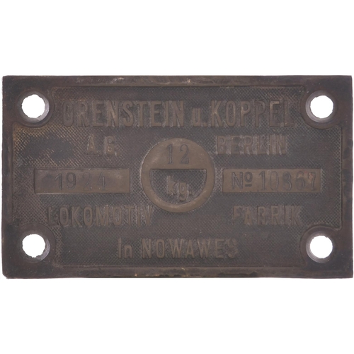 417 - A boiler plate, ORENSTEIN & KOPPEL, 10867, 1924, from a 70cm gauge 0-4-4-0T which latterly ran at Ba... 