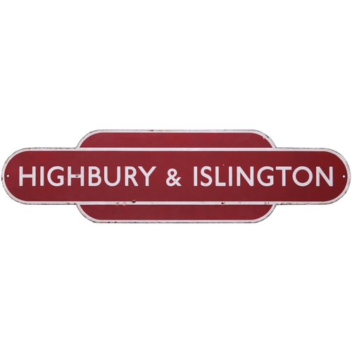 422 - A BR(M) totem sign, HIGHBURY & ISLINGTON, (flangeless), from the North London Line. Flangeless to fi... 