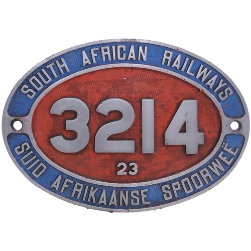 445 - A South African Railways cabside numberplate, 3214, from a 3ft 6ins gauge Class 23 4-8-2 built by He... 