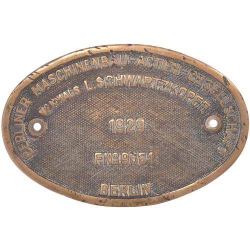 449 - A worksplate, BERLINER MASCHINENBAU, 9651, 1929, from an Indian Railways metre gauge class YB 4-6-2 ... 