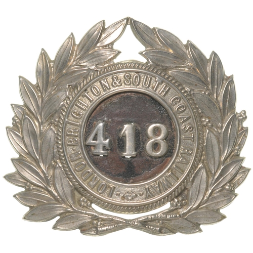 64 - A London, Brighton and South  Coast Railway cap badge, 418, probably issued to a passenger guard, 3¼... 