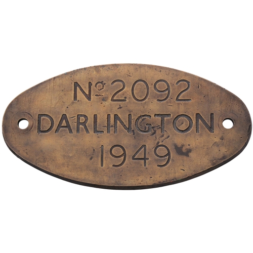 65 - A worksplate, No 2092, DARLINGTON, 1949, from a (LNER) J72 Class 0-6-0T No 69011 built by BR at Darl... 