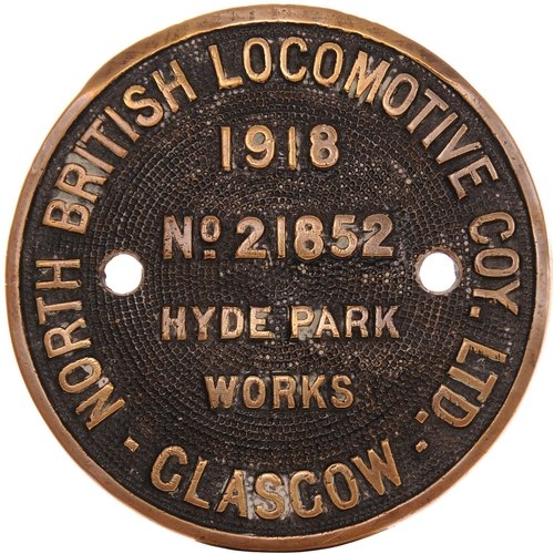 67 - A worksplate, NORTH BRITISH LOCOMOTIVE Co, 21852, 1918, from a Robinson Great Central type 2-8-0 bui... 