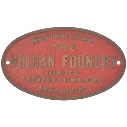 82 - A worksplate, VULCAN FOUNDRY, 5184, 1944, from a War Department Austerity 2-8-0 built to Ministry of... 