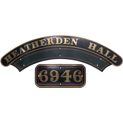 88 - A locomotive nameplate, HEATHERDEN HALL, and its matching cabside numberplate, 6946, from a GWR 4900... 