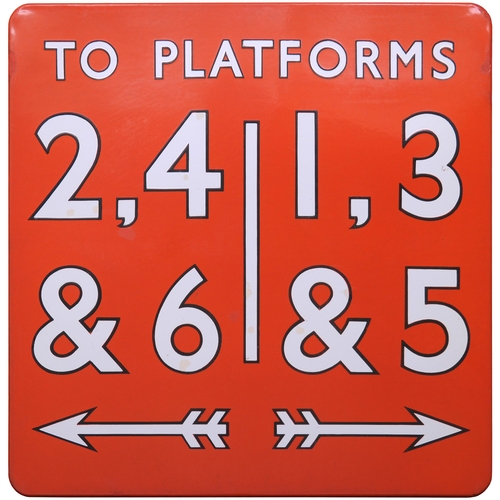 94 - A BR(NE) station sign, TO PLATFORMS 2, 4 & 6 - 1, 3 & 5, (f/f), with arrows to the right and left, e... 