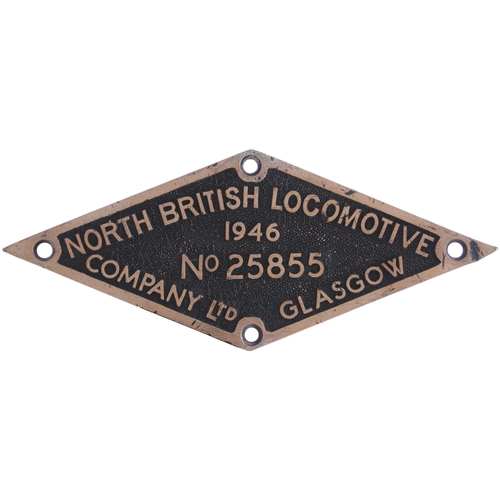 95 - A worksplate, NORTH BRITISH LOCOMOTIVE Co, 25855, 1946, from a LNER B1 Class 4-6-0 No 1099 which bec... 