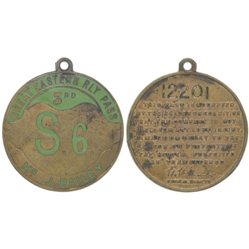 1003 - GER Third Class pass, S 6, MR J BAILEY, brass, green enamel, 1¼