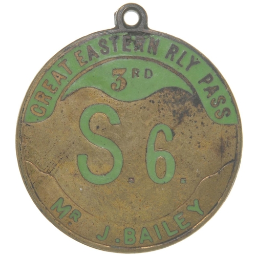 1003 - GER Third Class pass, S 6, MR J BAILEY, brass, green enamel, 1¼