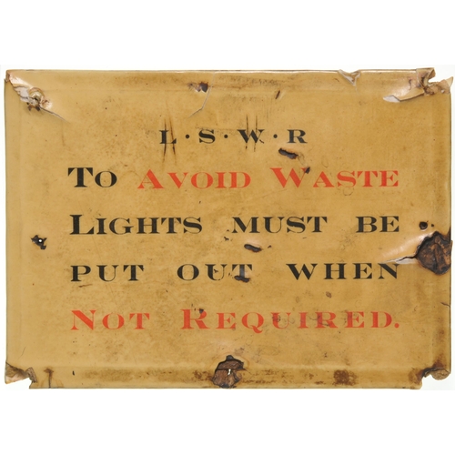 1013 - Office notice, LSWR, TO AVOID WASTE, LIGHTS MUST BE PUT OUT WHEN NOT REQUIRED, laminated card, 5