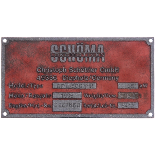 1025 - Worksplate, SCHOMA 5412, 1966, together with a second plate, from an LT battery locomotive used on e... 