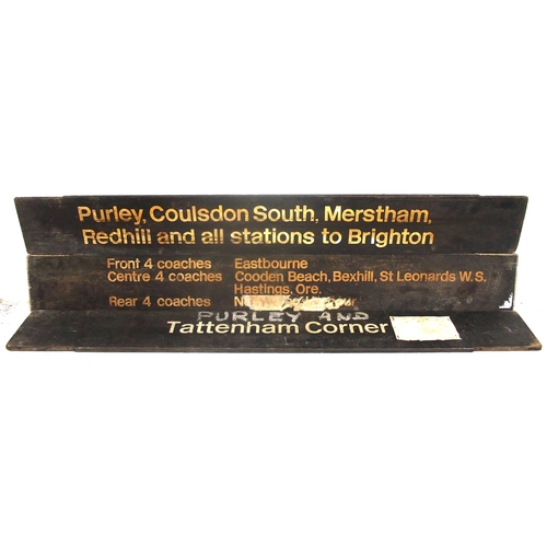 109 - BR(S) double sided wooden station finger boards destinations include Eastbourne, Purley, Tattenham C... 