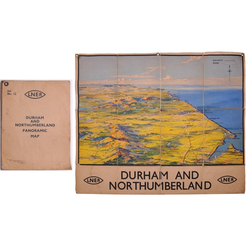 1094 - LNER quad royal poster, DURHAM & NORTHUMBERLAND PANORAMIC MAP, mounted on linen by the LNER, with ti... 