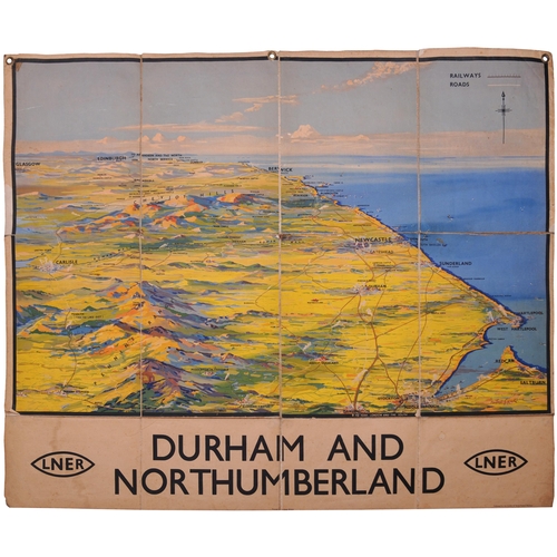 1094 - LNER quad royal poster, DURHAM & NORTHUMBERLAND PANORAMIC MAP, mounted on linen by the LNER, with ti... 