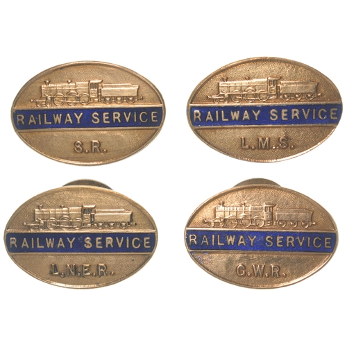 1096 - Second World War Railway Service badges, GWR, LMS, LNER, SR, brass/blue enamel, each button hole fix... 