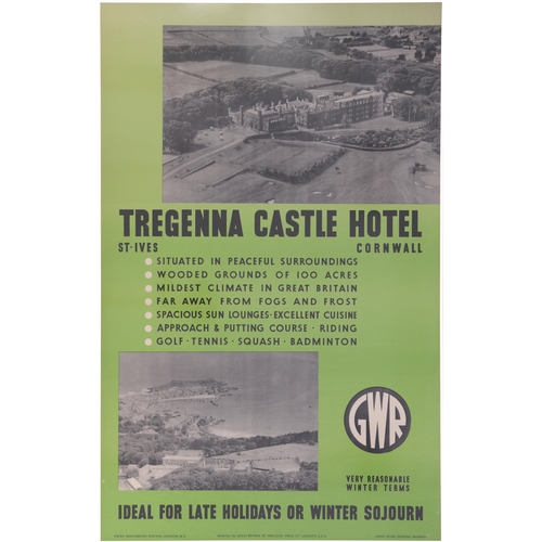 1113 - GWR double royal poster, TREGENNA CASTLE HOTEL, ST IVES, 1930, aerial photographic views, rolled. (P... 