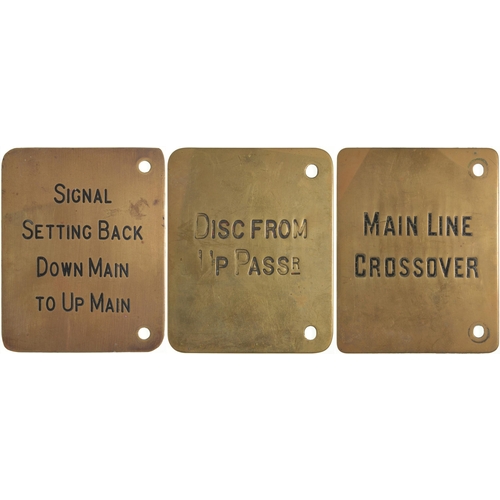 1130 - Midland Railway lever backplates, SIGNAL SETTING BACK, DISC, CROSSOVER, etc, engraved brass, 5