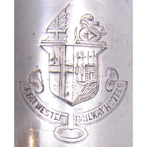 1131 - GWR Hotels half pint tankard, by Walker and Hall, coat of arms pattern, silver plate, top rim slight... 