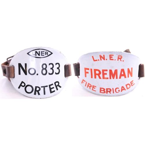 1135 - Armbands, LNER, FIRE BRIGADE, FIREMAN, + LNER PORTER No 833, enamel. (2)