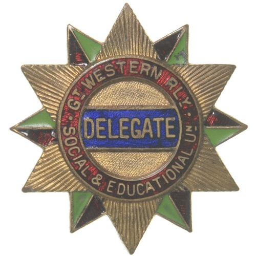 1139 - GWR badge, GT WESTERN RLY, SOCIAL & EDUCATIONAL UN, DELEGATE, brass, enamel, 1¼