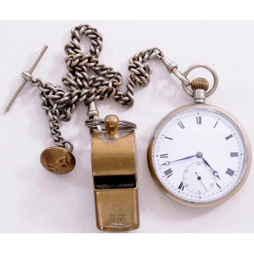 1141 - SR pocket watch, the back of the case marked SR 4342, complete with chain, button and SR whistle, th... 