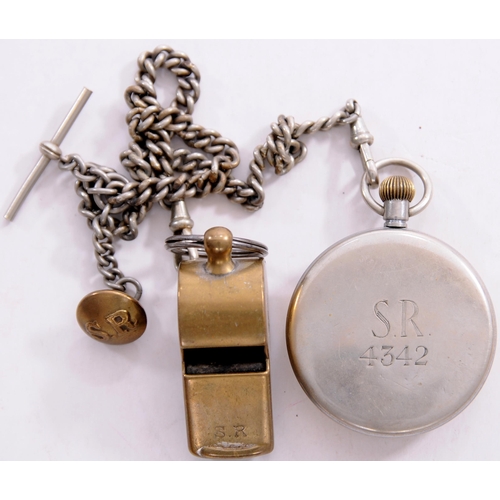 1141 - SR pocket watch, the back of the case marked SR 4342, complete with chain, button and SR whistle, th... 