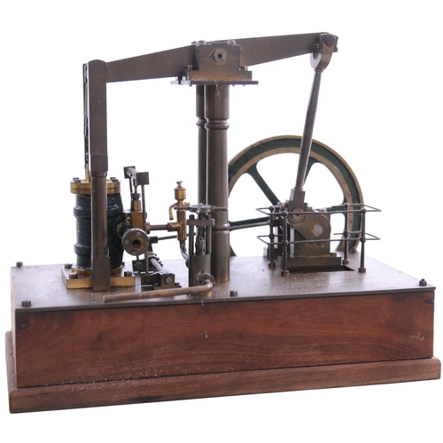 1145 - Live steam beam engine, mounted on wooden base, parts move freely, length 13