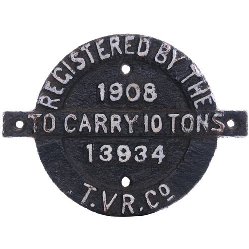 1154 - Wagon registration plate, TVR Co 10 TONS, 13934, 1908, cast iron, 8¼