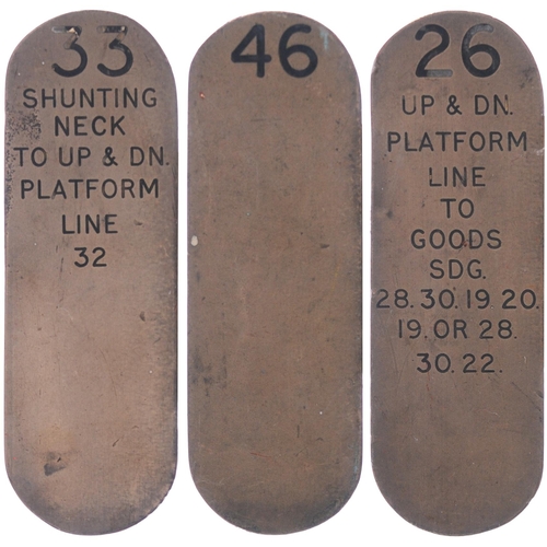 1155 - SMJR lever plates, UP & DN PLATFORM LINE TO GOODS SDG, SHUNTING NECK, etc, engraved brass, length 6