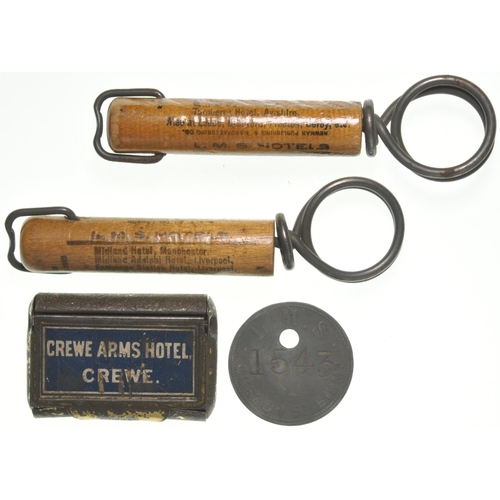 1159 - Crewe Arms Hotel Vesta box, a pair of LMS Hotels corkscrews and an LMS paycheck. (4)