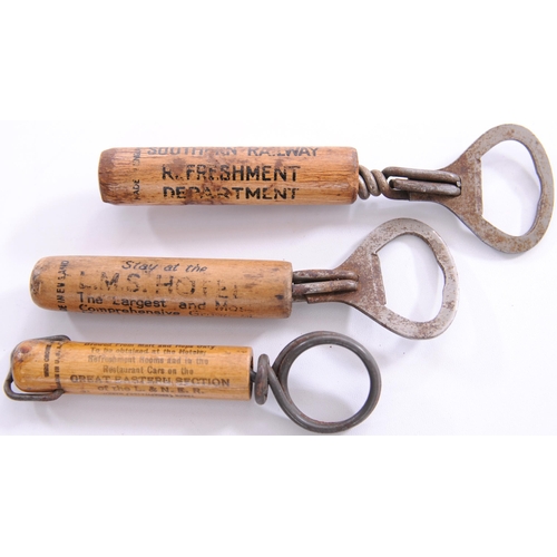 1171 - Bottle openers/corkscrews, LMS Hotels, SR Refreshment Dept, LNER GE Section. (3)