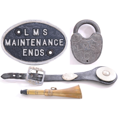 1188 - LMS Maintenance Ends plate, LMS padlock, LMS brass horn (working) and LMS buckle and horse brass (GS... 