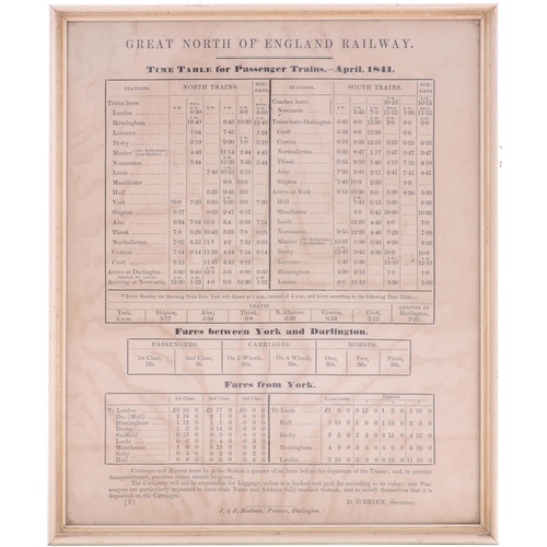 1196 - Great North of England Railway timetable, 1841, single sheet showing connections from London and the... 