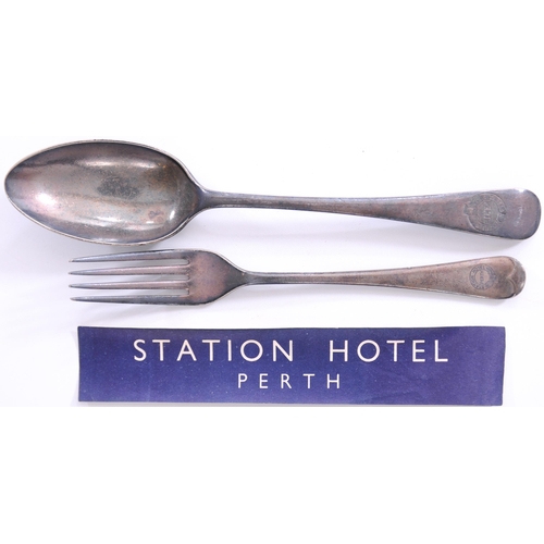 1199 - Perth Station Hotel serving spoon, fork and luggage label. (3)