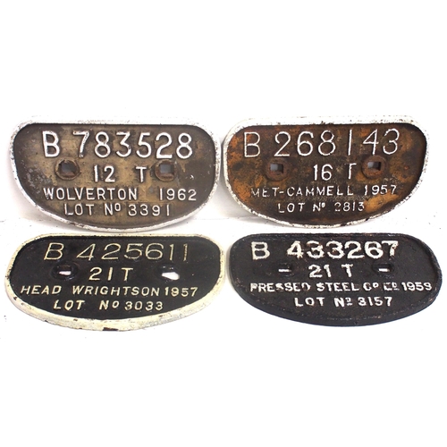 184 - BR C/I D wagonplates - B783528 12T WOLVERTON 1962 (alloy), B268143 16T MET-CAMMELL 1957, B433267 21T... 