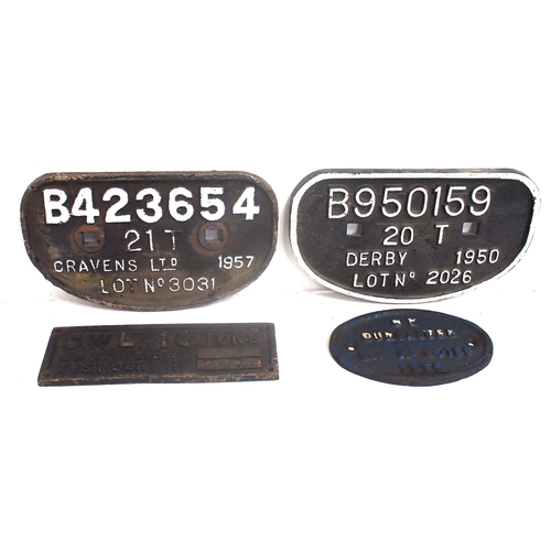 203 - BR DONCASTER Lot No 30189 1955 DMU builders plate (excellent with blue paint), D C/I wagonplates B42... 