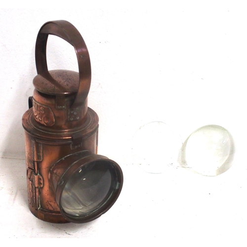 212 - LMS copper 3 aspect handlamp (slatted glass) complete plus a spare lens, good condition nicely plate... 