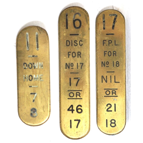 258 - GWR brass signal box lever leads - 11/Down Home/7 8, 16 / Disc for No 17 or 46 17, 17 F.P.L. for No ... 