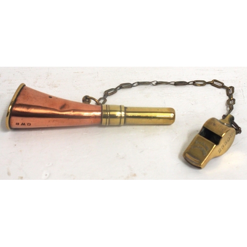 360 - Great Western Railway copper & brass Look Out horn (working) & GWR Permanent Way whistle No 23306 al... 